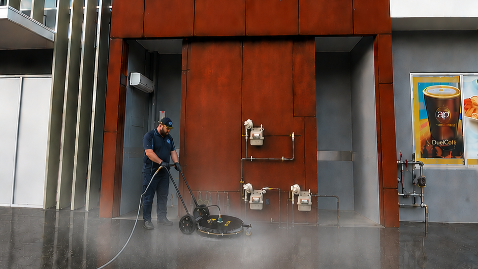 AFM technician completing commercial hot water pressure cleaning with a rotary surface cleaner in Brisbane
